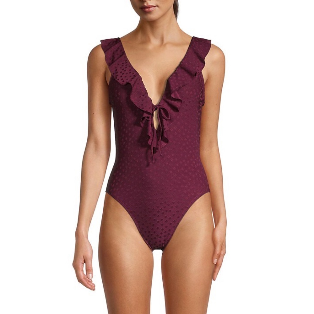 NEW Robin Piccone Julianna Dot Ruffle Plunge One Piece Swimsuit Size 6